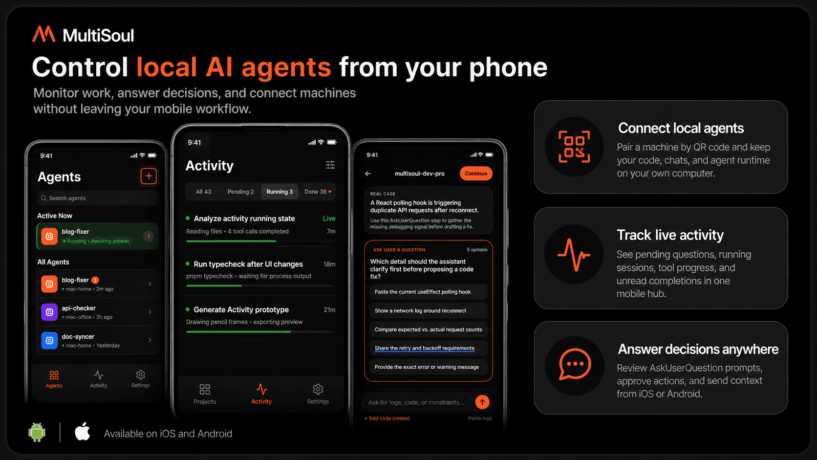 MultiSoul product overview showing local AI agents controlled from a phone